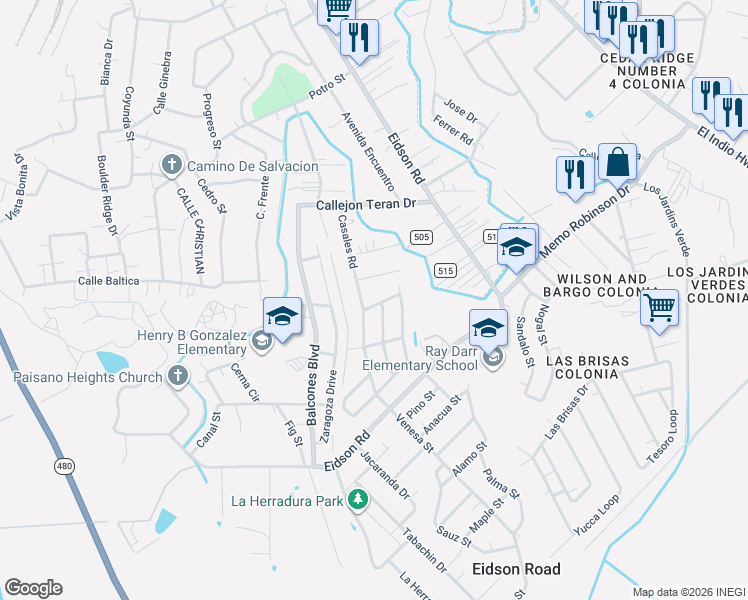 map of restaurants, bars, coffee shops, grocery stores, and more near 652 Guisseppi Street in Eagle Pass