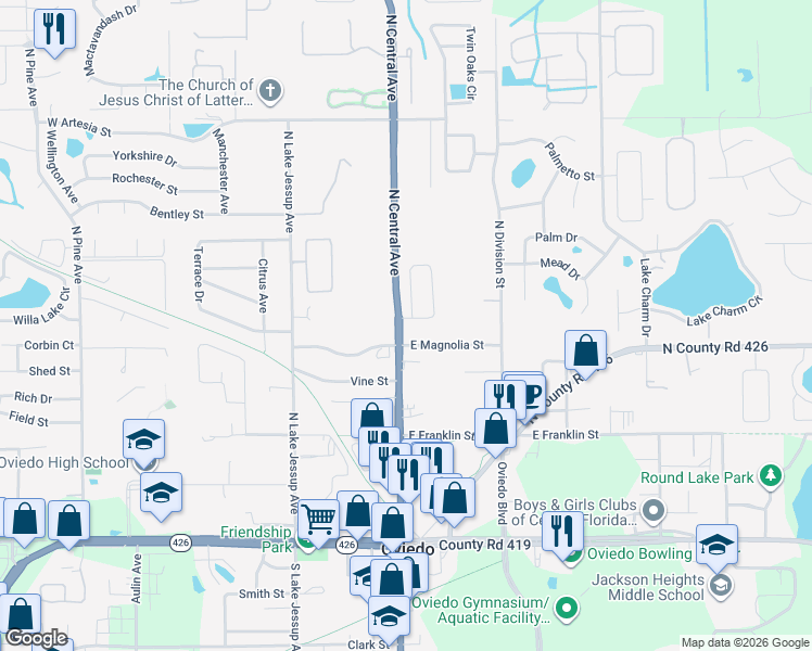 map of restaurants, bars, coffee shops, grocery stores, and more near 57 Sweetwater Creek Circle in Oviedo