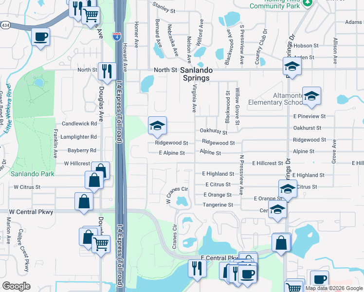map of restaurants, bars, coffee shops, grocery stores, and more near 950 Virginia Avenue in Altamonte Springs