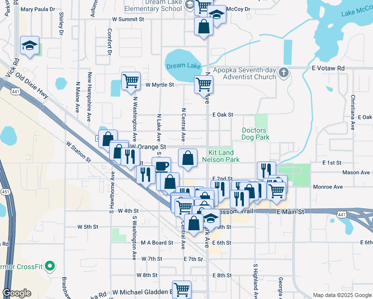 map of restaurants, bars, coffee shops, grocery stores, and more near 5 South Central Avenue in Apopka