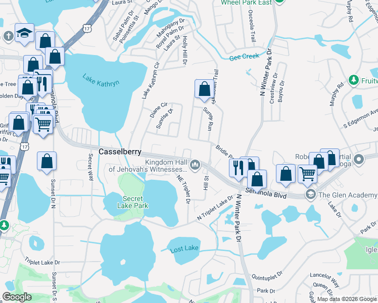 map of restaurants, bars, coffee shops, grocery stores, and more near 320 Coral Beach Circle in Casselberry