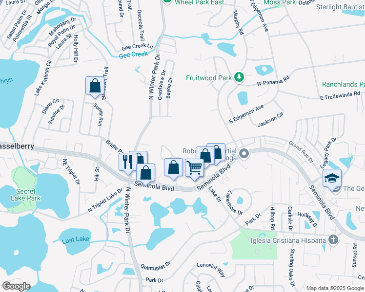 map of restaurants, bars, coffee shops, grocery stores, and more near 1120 Castle Wood Terrace in Casselberry
