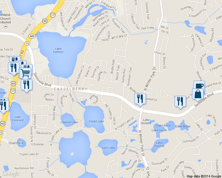 map of restaurants, bars, coffee shops, grocery stores, and more near 320 Coral Beach Circle in Casselberry