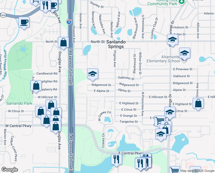 map of restaurants, bars, coffee shops, grocery stores, and more near 950 Virginia Avenue in Altamonte Springs