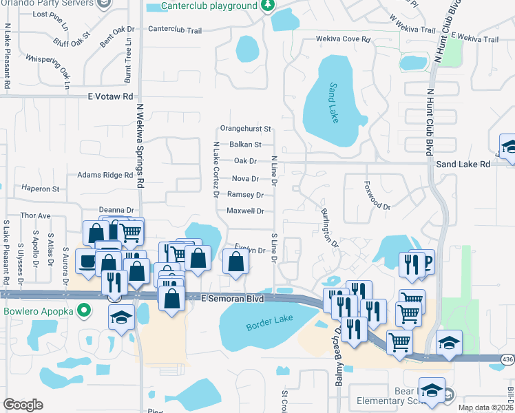 map of restaurants, bars, coffee shops, grocery stores, and more near 2733 Ramsey Drive in Apopka