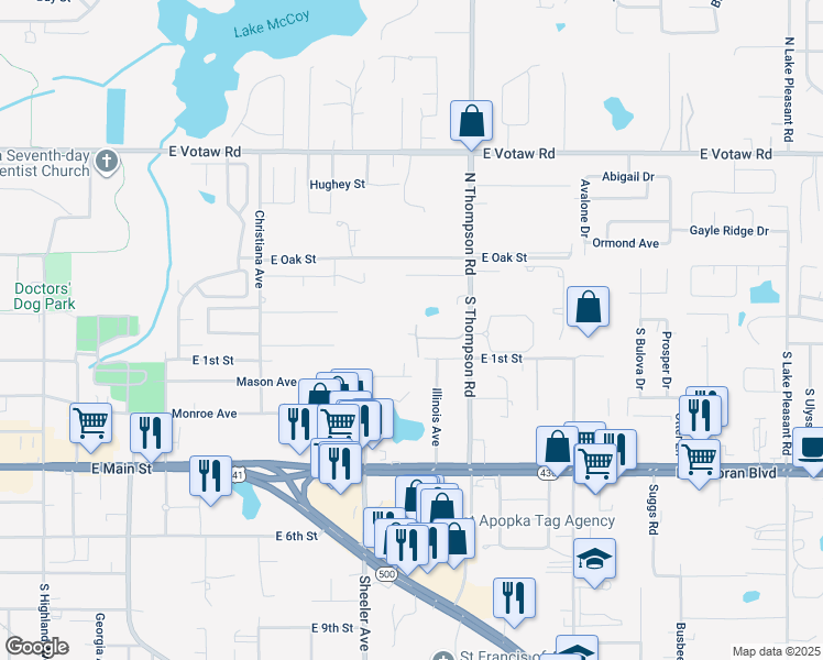 map of restaurants, bars, coffee shops, grocery stores, and more near 1100 Deanna Berrie Way in Apopka