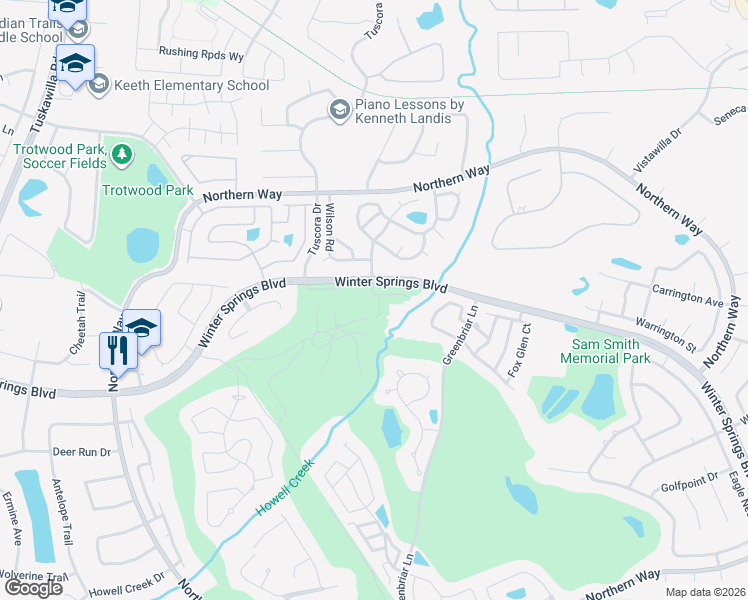 map of restaurants, bars, coffee shops, grocery stores, and more near 1306 Congressional Court in Winter Springs