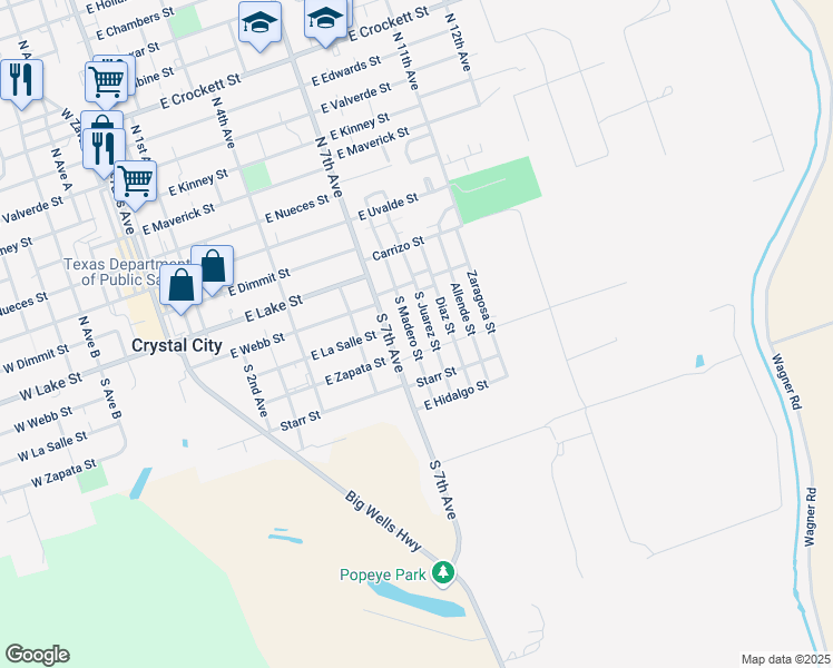 map of restaurants, bars, coffee shops, grocery stores, and more near 229 South Madero Street in Crystal City