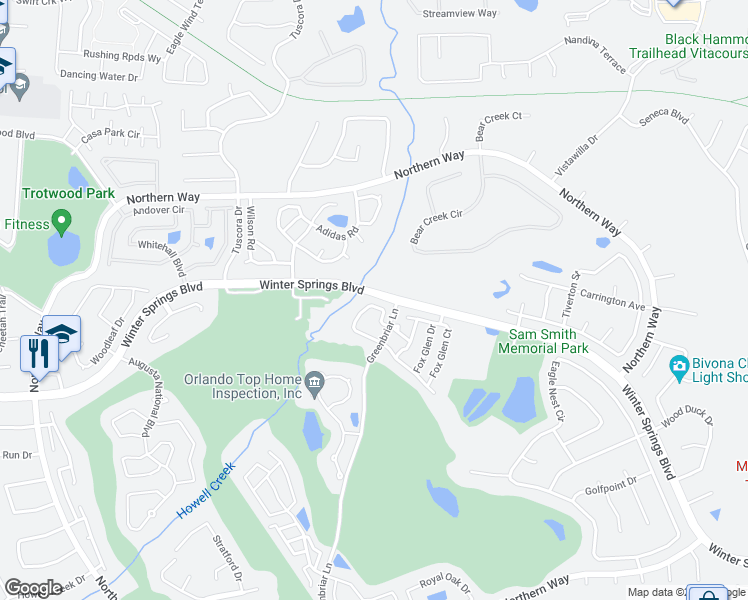 map of restaurants, bars, coffee shops, grocery stores, and more near 1439 Creekside Circle in Winter Springs