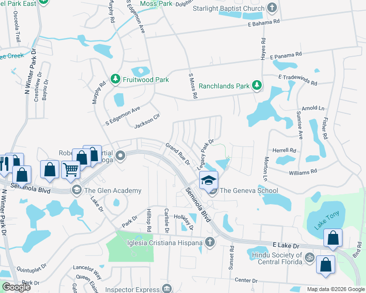 map of restaurants, bars, coffee shops, grocery stores, and more near 2036 Manhattan Lane in Casselberry