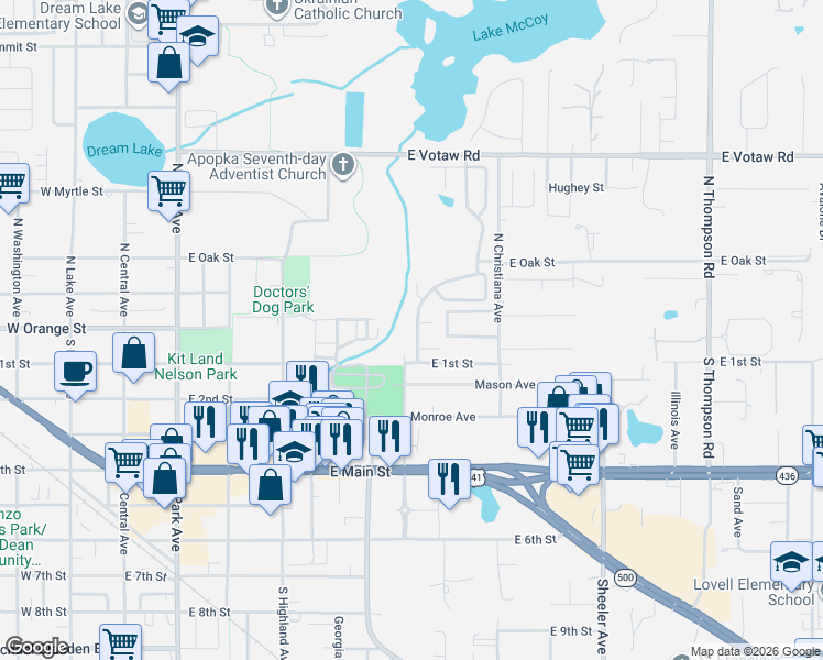 map of restaurants, bars, coffee shops, grocery stores, and more near 30 North Cervidae Drive in Apopka