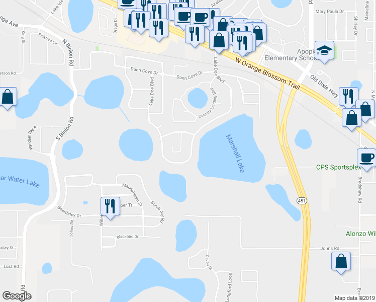 map of restaurants, bars, coffee shops, grocery stores, and more near 563 Doe Cove Place in Apopka