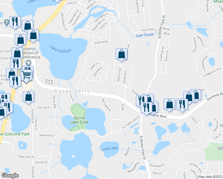 map of restaurants, bars, coffee shops, grocery stores, and more near 348 Coral Beach Circle in Casselberry
