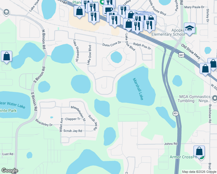 map of restaurants, bars, coffee shops, grocery stores, and more near 563 Doe Cove Place in Apopka