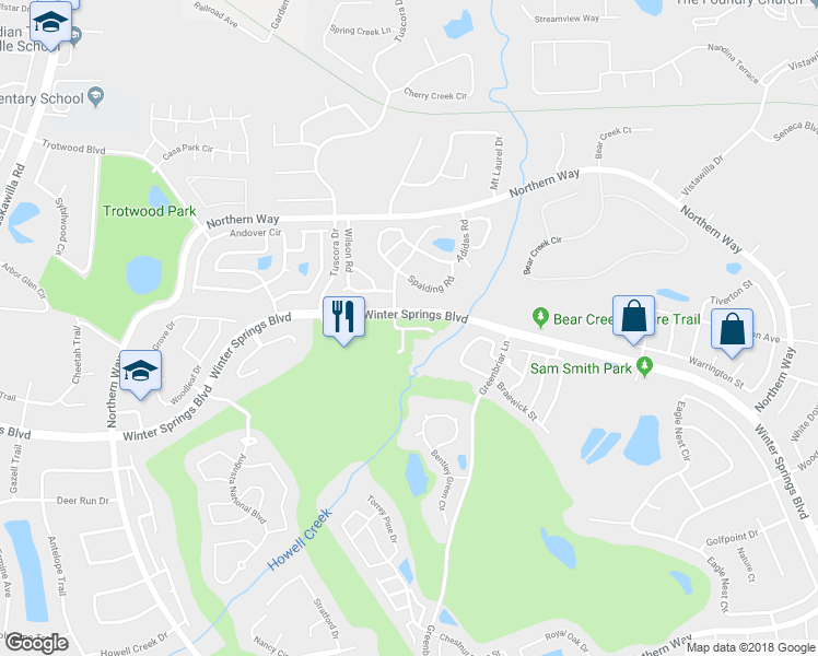 map of restaurants, bars, coffee shops, grocery stores, and more near Congressional Court in Winter Springs