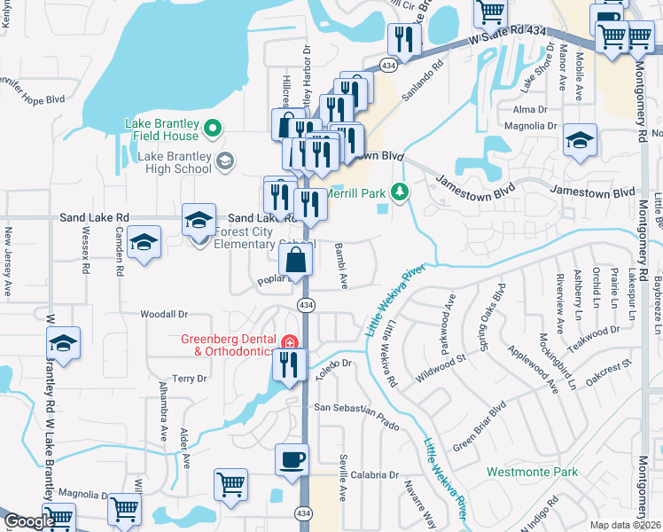 map of restaurants, bars, coffee shops, grocery stores, and more near 853 North State Road 434 in Altamonte Springs