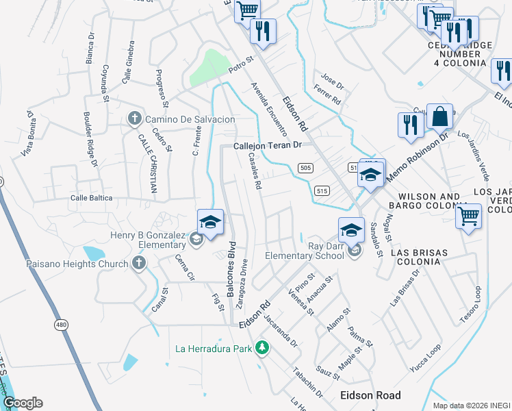 map of restaurants, bars, coffee shops, grocery stores, and more near 941 Casales Road in Eagle Pass