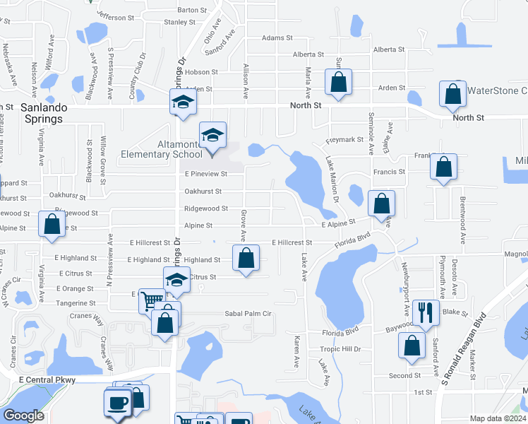 map of restaurants, bars, coffee shops, grocery stores, and more near 620 Ridgewood Street in Altamonte Springs