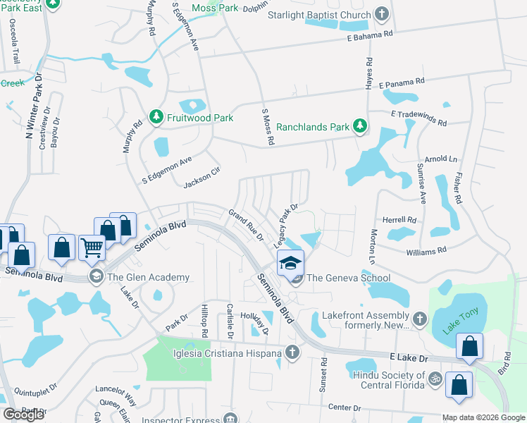 map of restaurants, bars, coffee shops, grocery stores, and more near 2036 Manhattan Lane in Casselberry