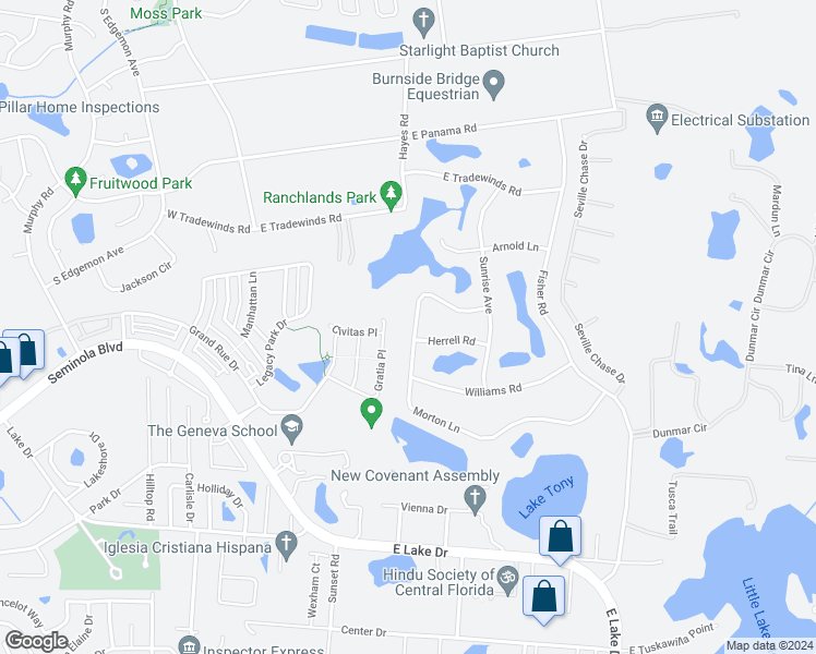 map of restaurants, bars, coffee shops, grocery stores, and more near 220 Morton Lane in Winter Springs
