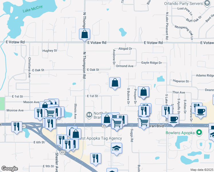 map of restaurants, bars, coffee shops, grocery stores, and more near 1323 East 1st Street in Apopka