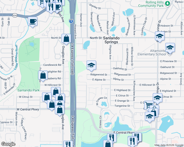 map of restaurants, bars, coffee shops, grocery stores, and more near 226 Oakhurst Street in Altamonte Springs