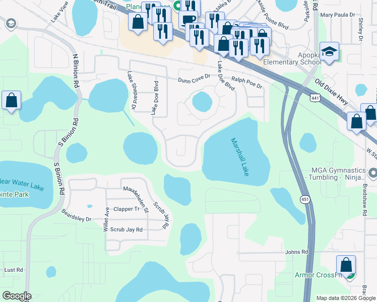 map of restaurants, bars, coffee shops, grocery stores, and more near 563 Doe Cove Place in Apopka