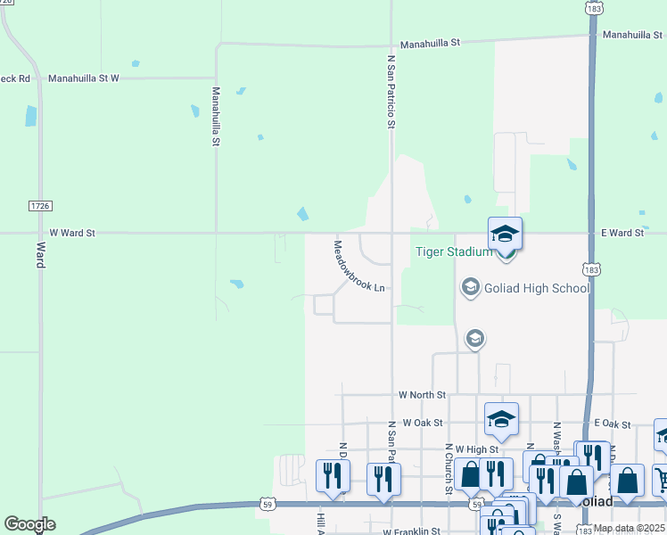map of restaurants, bars, coffee shops, grocery stores, and more near 741 Meadowbrook Lane in Goliad