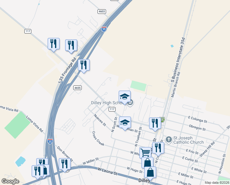 map of restaurants, bars, coffee shops, grocery stores, and more near in Dilley