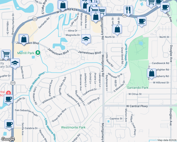 map of restaurants, bars, coffee shops, grocery stores, and more near 516 Little Wekiva Road in Altamonte Springs