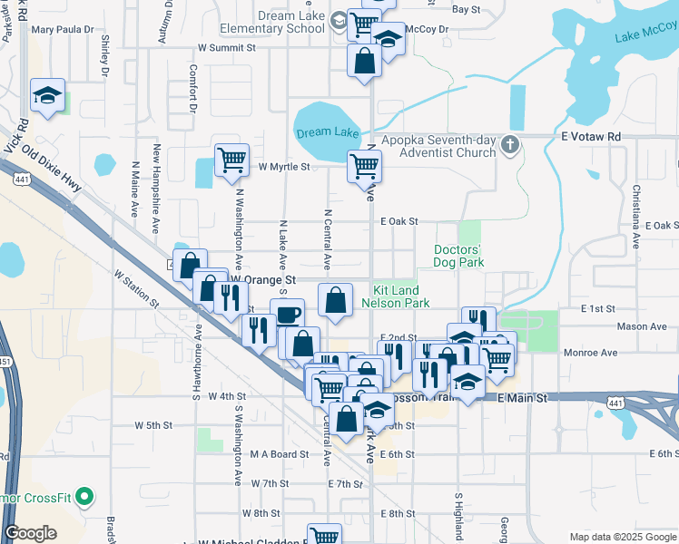 map of restaurants, bars, coffee shops, grocery stores, and more near 21 East Orange Street in Apopka