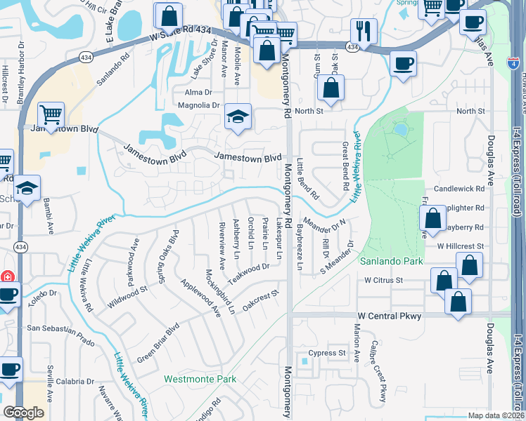 map of restaurants, bars, coffee shops, grocery stores, and more near 504 Little Wekiva Road in Altamonte Springs