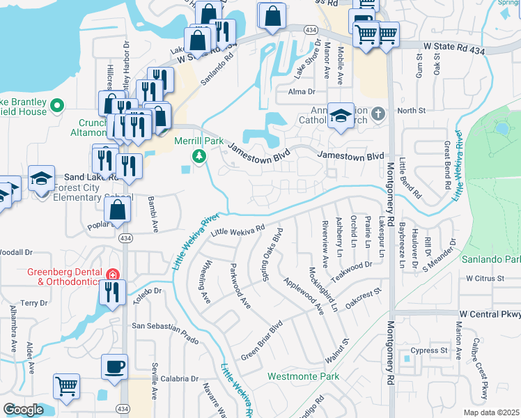 map of restaurants, bars, coffee shops, grocery stores, and more near 698 Roaring Drive in Altamonte Springs