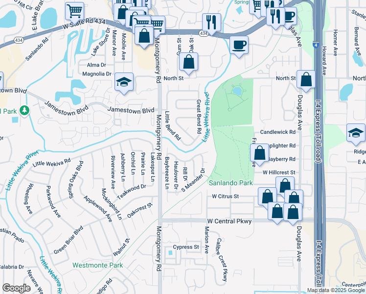 map of restaurants, bars, coffee shops, grocery stores, and more near 870 Little Bend Road in Altamonte Springs
