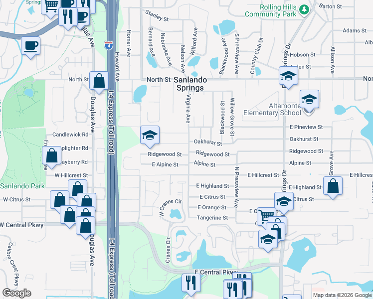 map of restaurants, bars, coffee shops, grocery stores, and more near 950 Virginia Avenue in Altamonte Springs
