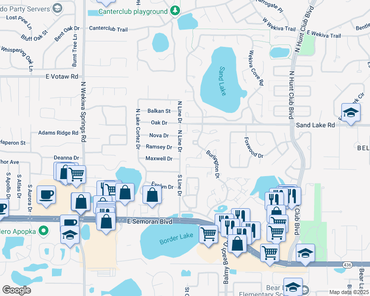 map of restaurants, bars, coffee shops, grocery stores, and more near 107 North Line Thru 111 in Apopka