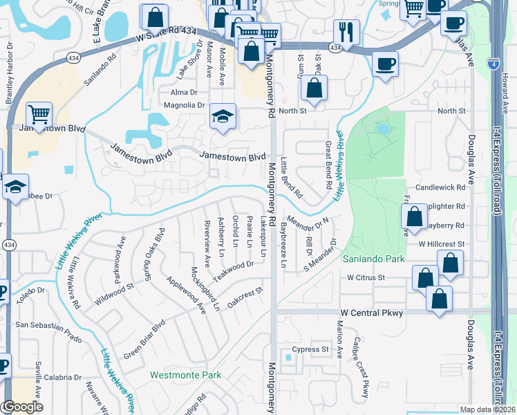 map of restaurants, bars, coffee shops, grocery stores, and more near 504 Little Wekiva Rd in Altamonte Springs