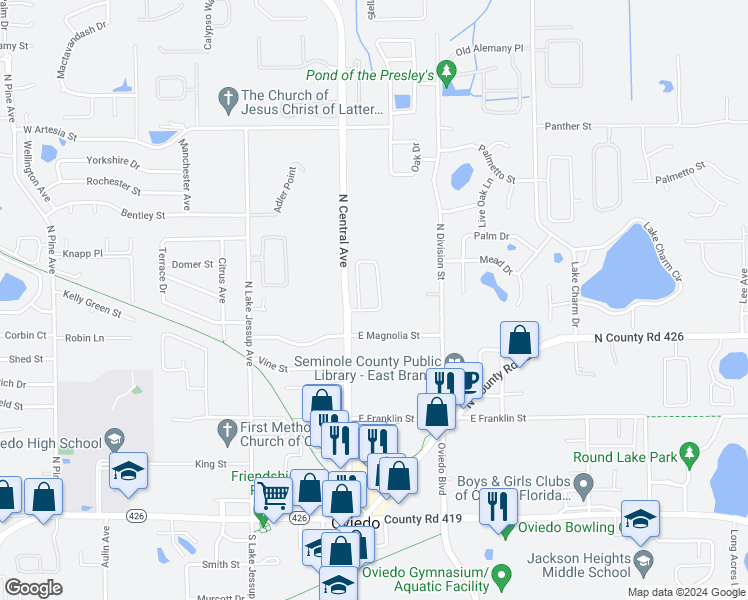 map of restaurants, bars, coffee shops, grocery stores, and more near 27 Sweetwater Creek Circle in Oviedo