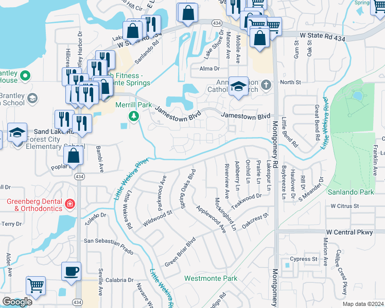 map of restaurants, bars, coffee shops, grocery stores, and more near 672 Roaring Drive in Altamonte Springs