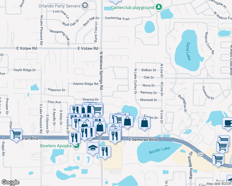 map of restaurants, bars, coffee shops, grocery stores, and more near 2355 Cimmaron Ash Way in Apopka