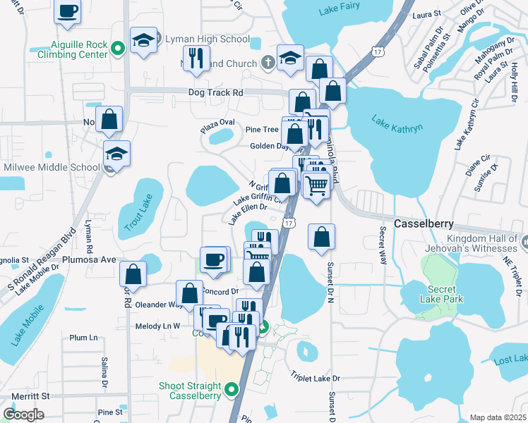 map of restaurants, bars, coffee shops, grocery stores, and more near 241 Lake Ellen Drive in Casselberry