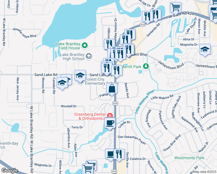 map of restaurants, bars, coffee shops, grocery stores, and more near 907 Wrenwood Lane in Altamonte Springs