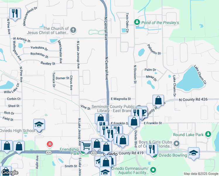 map of restaurants, bars, coffee shops, grocery stores, and more near 57 Sweetwater Creek Circle in Oviedo