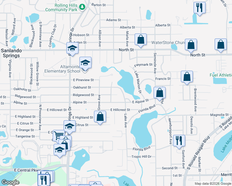 map of restaurants, bars, coffee shops, grocery stores, and more near 641 Ridgewood Street in Altamonte Springs