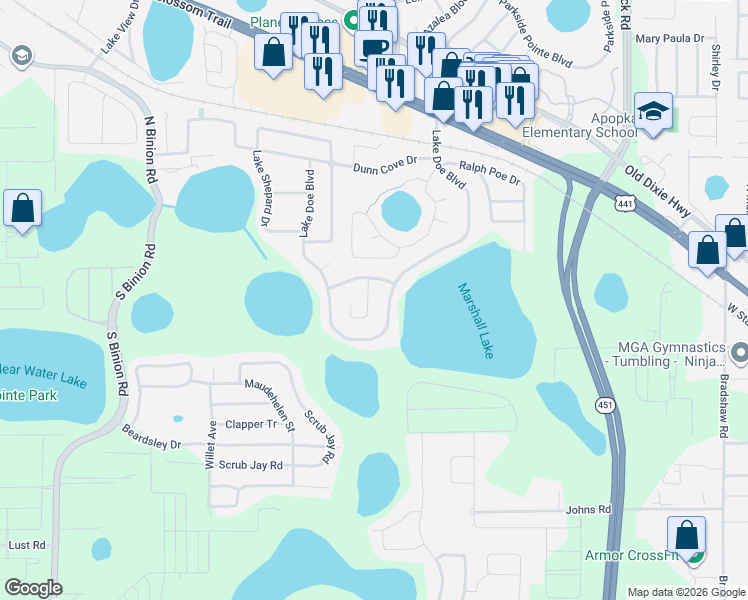 map of restaurants, bars, coffee shops, grocery stores, and more near 563 Doe Cove Place in Apopka