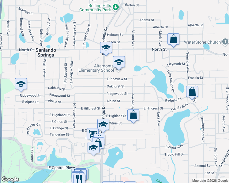 map of restaurants, bars, coffee shops, grocery stores, and more near 511 Ridgewood Street in Altamonte Springs