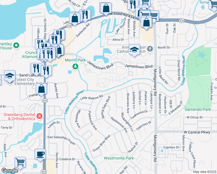 map of restaurants, bars, coffee shops, grocery stores, and more near 672 Roaring Drive in Altamonte Springs