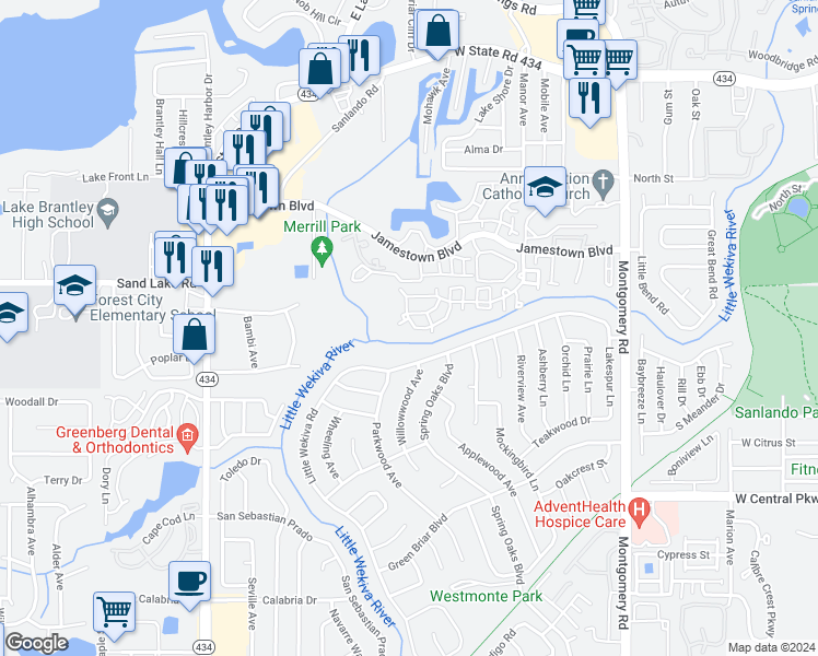 map of restaurants, bars, coffee shops, grocery stores, and more near 698 Roaring Drive in Altamonte Springs