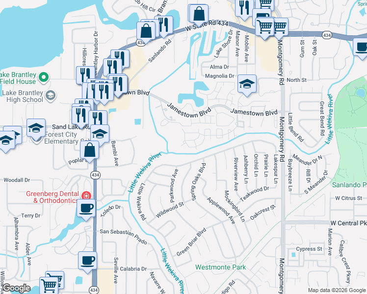 map of restaurants, bars, coffee shops, grocery stores, and more near 698 Roaring Drive in Altamonte Springs