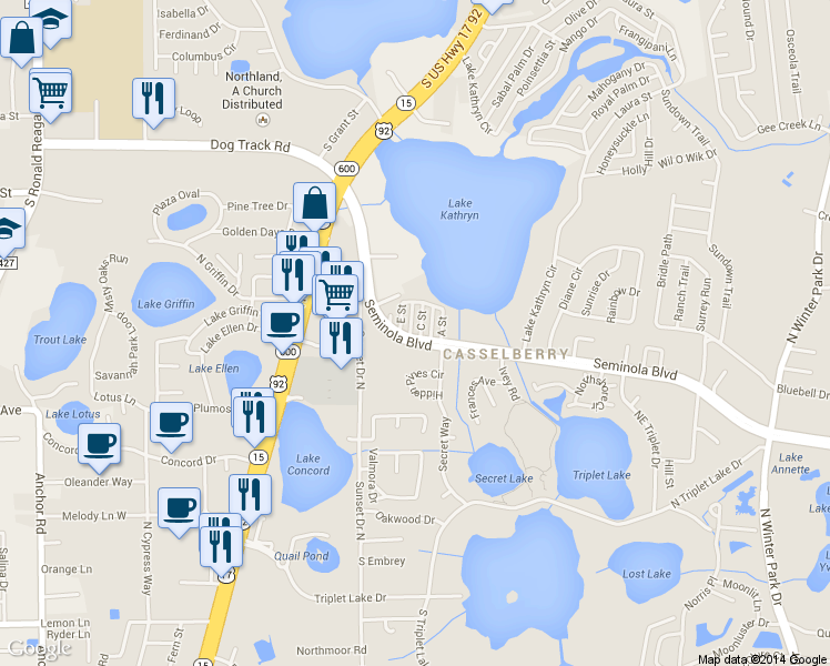 map of restaurants, bars, coffee shops, grocery stores, and more near 433 D Street in Casselberry